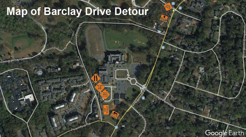One westbound lane on Barclay Drive from North Peachtree Road to Peachford Road will be closed through Oct. 20.