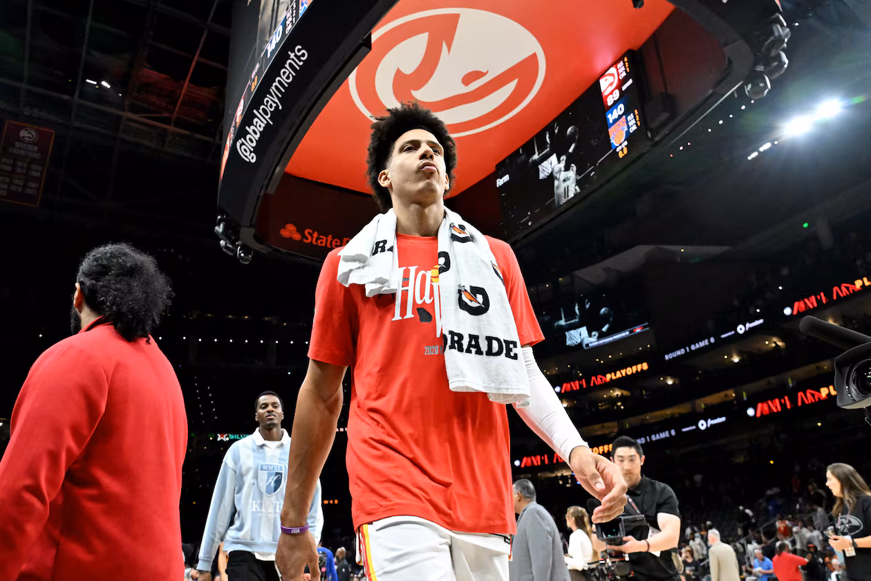 Hawks forward Jalen Johnson leaves the court after the Knicks won Game 6 of their first-round NBA playoff series at State Farm Arena on Thursday, April 30, 2026. (Hyosub Shin/AJC)