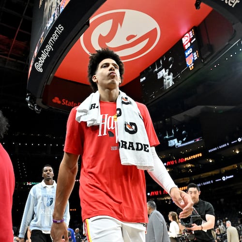 Hawks forward Jalen Johnson leaves the court after the Knicks won Game 6 of their first-round NBA playoff series at State Farm Arena on Thursday, April 30, 2026. (Hyosub Shin/AJC)