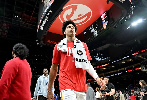 Hawks forward Jalen Johnson — pictured leaving the court after the Knicks knocked Atlanta out of the playoffs in April — was named third-team All-NBA on Sunday. (Hyosub Shin/AJC)