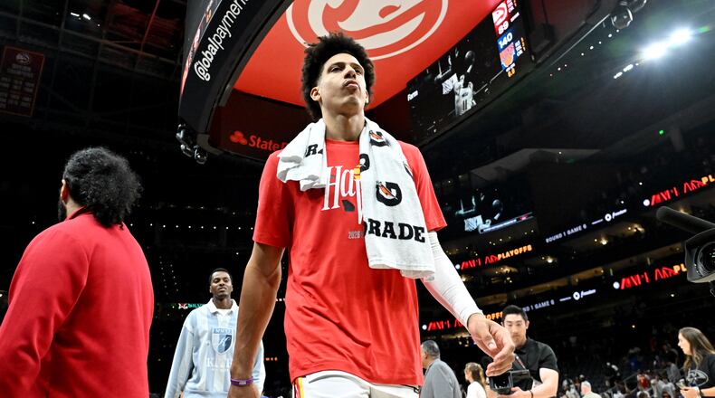Atlanta Hawks forward Jalen Johnson leaves after the New York Knicks defeated the Atlanta Hawks during Game 6 of a first-round NBA playoff series at State Farm Arena on Thursday, April 30, 2026, in Atlanta. New York Knicks won 140-89 over Atlanta Hawks. (Hyosub Shin/AJC)