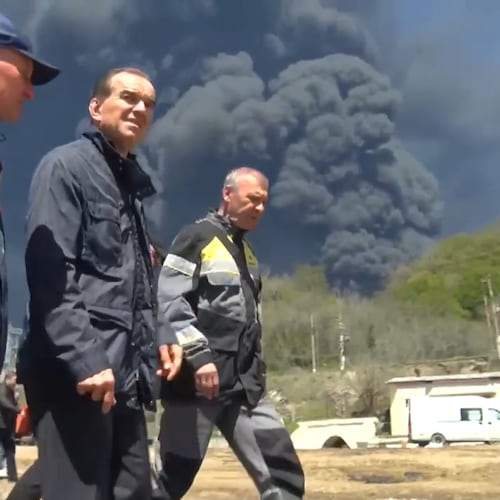 FILE - In this image taken from a video released by Gov. Veniamin Kondratyev's Telegram channel, Kondratyev, 2nd right, inspects the aftermath of a drone attack on the oil refinery and terminal in Tuapse, Russia, on Wednesday, April 29, 2026. (Gov. Veniamin Kondratyev Telegram channel via AP, File)