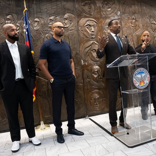 Troy Millings, Rashad Bilal, Mayor Andre Dickens, Matthew Garland, and Michael MacDonald announce the details for Atlanta's fourth annual Invest Fest at Atlanta City Hall on Friday, March 22, 2024. (Olivia Bowdoin for the AJC)