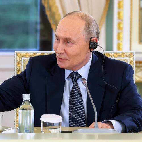 Russian President Vladimir Putin gestures during a meeting with representatives of international news agencies on the sidelines of the St. Petersburg International Economic Forum at the Constantine Palace in St. Petersburg, Russia, on Thursday, June 4, 2026. (Alexander Kazakov, Sputnik, Kremlin Pool Photo via AP)