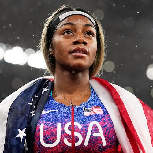 FILE - United States' Sha'Carri Richardson looks on after winning the gold medal in the women's 4 X 100 meters relay at the World Athletics Championships in Tokyo, Sept. 21, 2025. (AP Photo/Matthias Schrader, File)