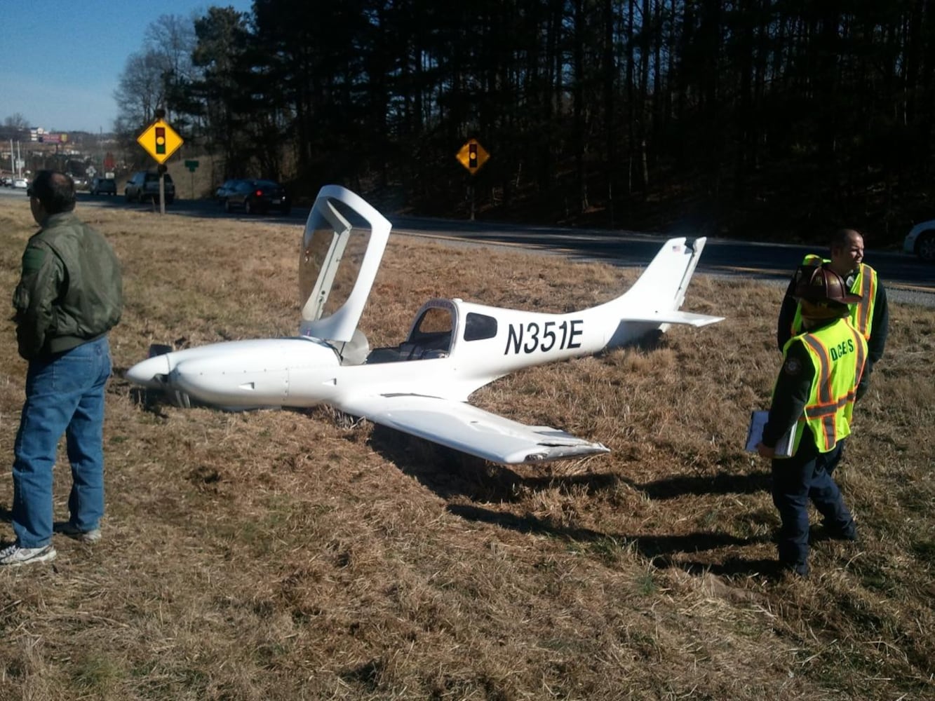 A light plane landed in the median of Georgia 400 in Dawson County on Sunday.