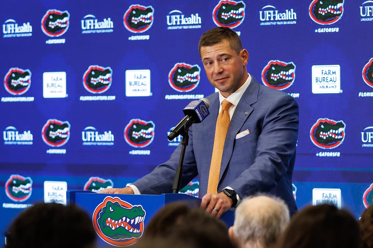 New Florida college football head coach Jon Sumrall speaks during a news conference, Dec. 1, 2025, in Gainesville, Fla. (Chris Watkins/AP))