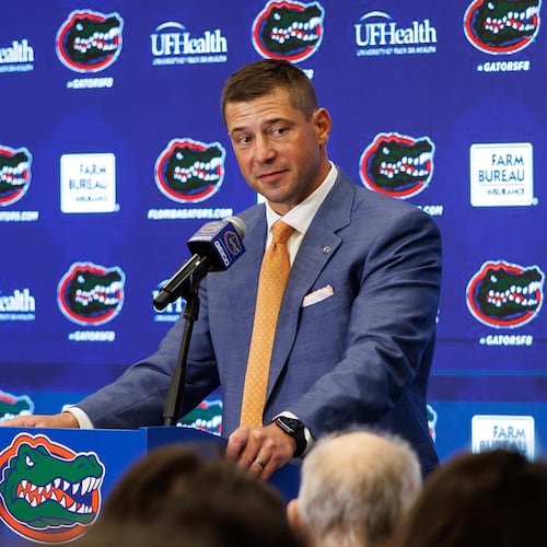 New Florida college football head coach Jon Sumrall speaks during a news conference, Dec. 1, 2025, in Gainesville, Fla. (Chris Watkins/AP))