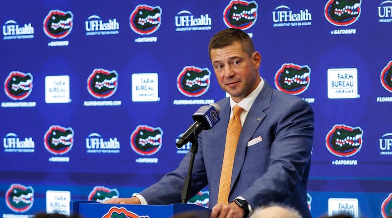 New Florida college football head coach Jon Sumrall speaks during a news conference, Dec. 1, 2025, in Gainesville, Fla. (Chris Watkins/AP))