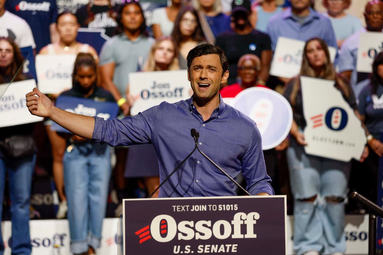 U.S. Sen. Jon Ossoff speaks to supporters during a campaign rally at the Center Stage Theater on Sunday, Aug. 16, 2026. (Miguel Martinez/AJC)