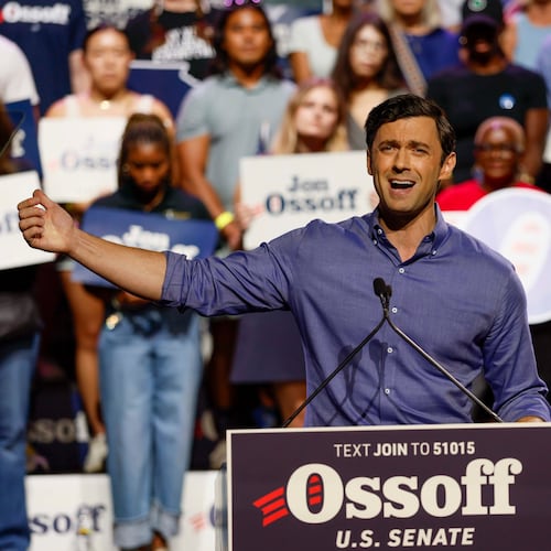 U.S. Sen. Jon Ossoff speaks to supporters during a campaign rally at the Center Stage Theater on Sunday, Aug. 16, 2026. (Miguel Martinez/AJC)