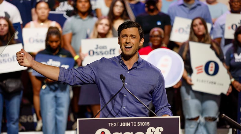 U.S. Sen. Jon Ossoff speaks to supporters during a campaign rally at the Center Stage Theater on Sunday, Aug. 16, 2026. (Miguel Martinez/AJC)