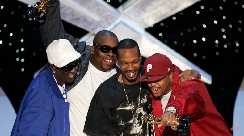 Darnell “Crunchy Black” Carlton, left, Jordan “Juicy J” Houston and Paul “D.J. Paul” Beauregard, right, from the rap group Three 6 Mafia and Cedric Coleman, second from left, accept the Oscar for best original song “It’s Hard Out Here for a Pimp” from the motion picture “Hustle & Flow” at the 78th Academy Awards Sunday, March 5, 2006, in Los Angeles. AP Photo / Mark J. Terrill