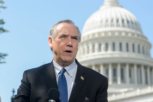 Sen. Jeff Merkley, D-Ore., speaks during a news conference on the Equality Act at the Capitol, Tuesday, April 29, 2025, in Washington. (AP Photo/Rod Lamkey, Jr.)