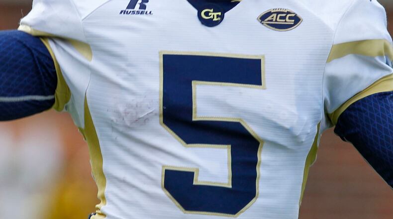 Georgia Tech quarterback Justin Thomas’ No. 5 jersey will go to safety A.J. Gray, now that Thomas has moved on to an NFL training camp. (AP Photo/Brett Davis, File)