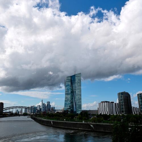 FILE -Clouds cover the sky over the headquarters of the European Central Bank in Frankfurt, Germany, Sept. 11, 2025. (AP Photo/Michael Probst, File)