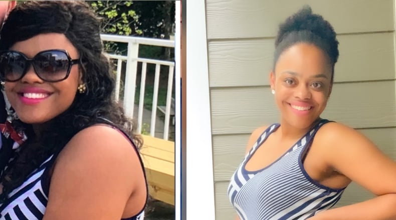 In the photo on the left, taken in May 2018, Amber Beck weighed 186 pounds. In the photo on the right, taken this month, she weighed 143 pounds. (Photos contributed by Amber Beck )