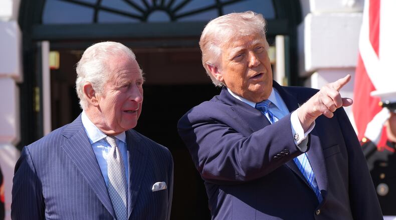President Donald Trump and Britain's King Charles III talk at the White House, Monday, April 27, 2026, in Washington. (AP Photo/Alex Brandon).