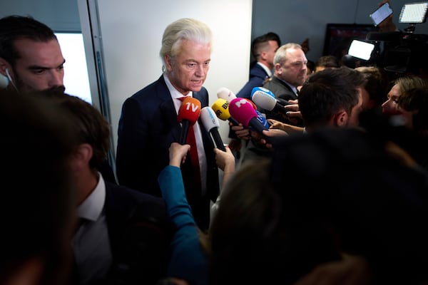 Far-right lawmaker Geert Wilders talks to the media after pulling his party out of the four-party Dutch coalition in The Hague, Netherlands, Tuesday, June 3, 2025. (AP Photo/Peter Dejong)