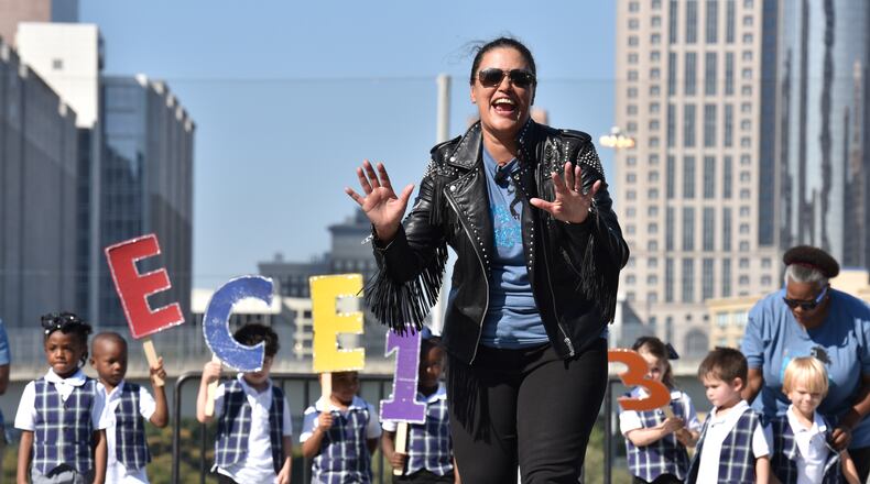 Atlanta Public Schools Superintendent Meria Carstarphen delivers her State of the District address in a non-traditional way while dancing and performing with students during the annual State of the District address event at the newly built Walden Sports Complex on Friday, October 5, 2018. The annual State of the District address has transformed from a straight-forward podium presentation into the premiere opportunity for Superintendent Dr. Meria Carstarphen to publicly report on the work of the district to achieve our mission to ensure all students graduate ready for college and career. HYOSUB SHIN / HSHIN@AJC.COM