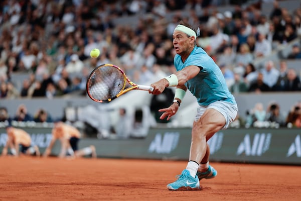FILE - Spain's Rafael Nadal plays a shot against Germany's Alexander Zverev during their first round match of the French Open tennis tournament at the Roland Garros stadium in Paris, May 27, 2024. (AP Photo/Jean-Francois Badias, File)