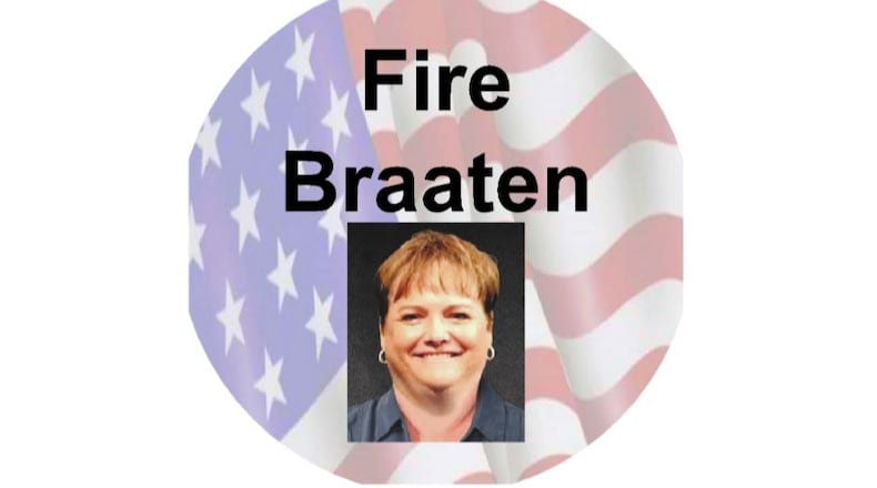 A copy of the sticker Keegan Brooks made calling for the firing of his school’s principal, Rebecca Braaten.