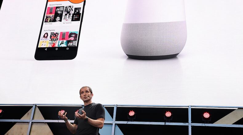 MOUNTAIN VIEW, CA - MAY 18:  Google Vice President of Product Management Mario Queiroz shows the new Google Home during Google I/O 2016 at Shoreline Amphitheatre on May 19, 2016 in Mountain View, California. The annual Google I/O conference is runs through May 20.  (Photo by Justin Sullivan/Getty Images)