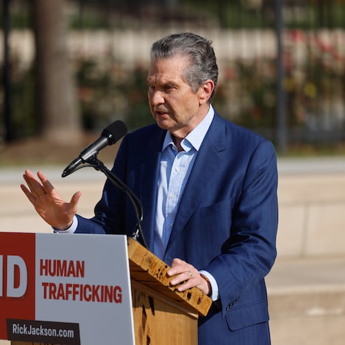 Republican nominee for governor Rick Jackson — seen here at a news conference in Atlanta last week — said Tuesday that his administration would seek to broaden Medicaid coverage while preserving work requirements for some recipients. (Arvin Temkar/AJC)