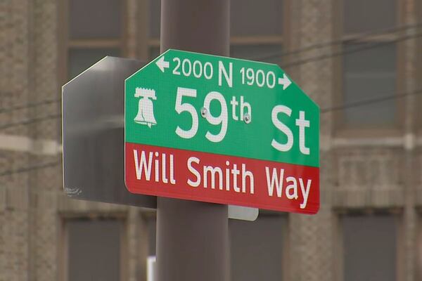 A sign at the intersection of North 59th Street and Lancaster Avenue in West Philadelphia has been renamed after Will Smith on Wednesday, March 26, 2025. (WPVI-TV via AP)