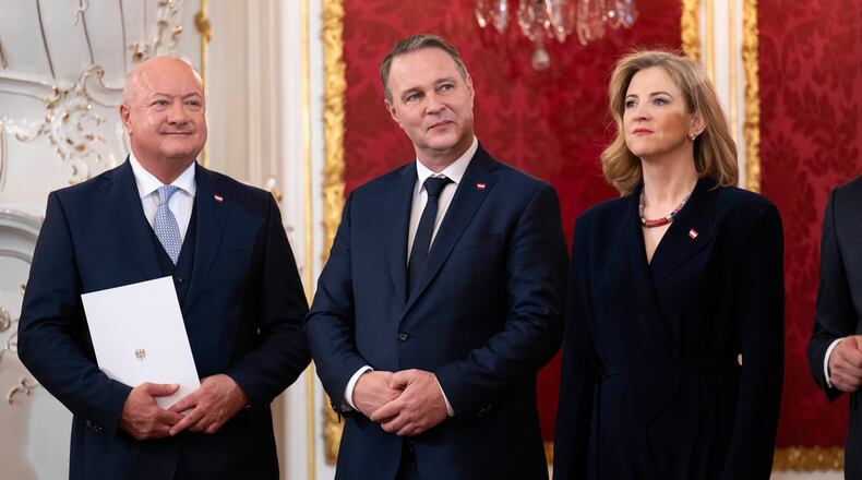 FILE - Chancellor Christian Stocker, left, Vice Chancellor Andreas Babler, centre, and Foreign minister Beate Meinl-Reisinger attend the swearing-in ceremony of the Federal Government in the presidential office at the Hofburg Palace, in Vienna, Austria, Monday, March 3, 2025. (AP Photo/Denes Erdos, File)