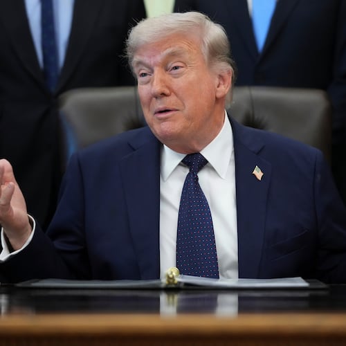 President Donald Trump speaks during an event on health care affordability in the Oval Office at the White House, Thursday, April 23, 2026, in Washington. (AP Photo/Mark Schiefelbein)