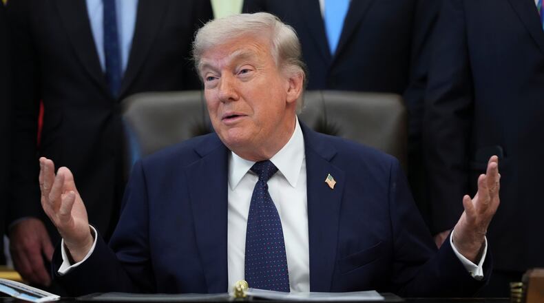 President Donald Trump speaks during an event on health care affordability in the Oval Office at the White House, Thursday, April 23, 2026, in Washington. (AP Photo/Mark Schiefelbein)