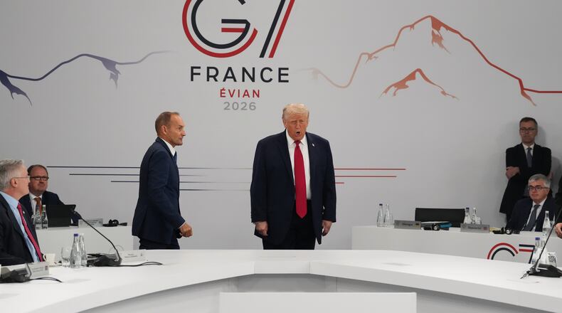 U.S. President Donald Trump arrives for a working session at the G7 summit in Evian-les-Bains, France, Wednesday, June 17, 2026. (AP Photo/Thibault Camus)