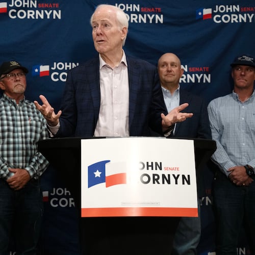 Sen. John Cornyn, R-Texas, speaks during a campaign event in Lubbock, Texas, Tuesday, May 19, 2026. (AP Photo/Annie Rice)