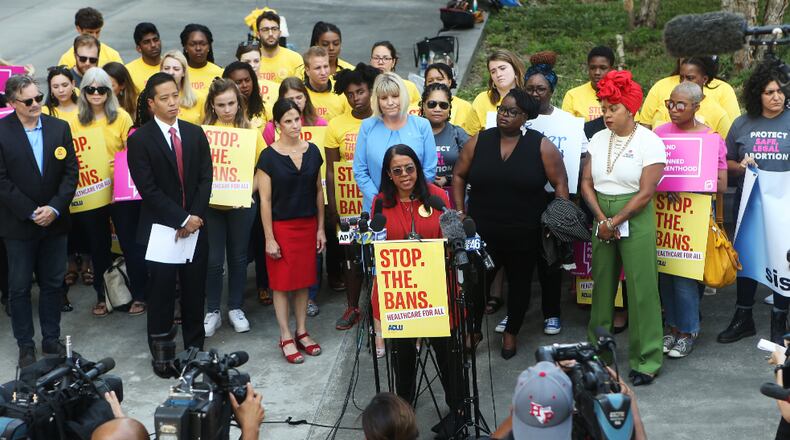 Andrea Young, executive director of the American Civil Liberties Union of Georgia, speaks at a June press conference that followed the filing of a lawsuit challenging the constitutionality of Georgia’s new anti-abortion “heartbeat” law. Christina Matacotta/christina.matacotta@ajc.com
