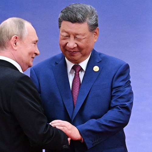 FILE - Russian President Vladimir Putin, left, and Chinese President Xi Jinping greet each other in Tianjin, China, on Aug. 31, 2025. (Sergei Bobylev, Sputnik, Kremlin Pool Photo via AP, File)