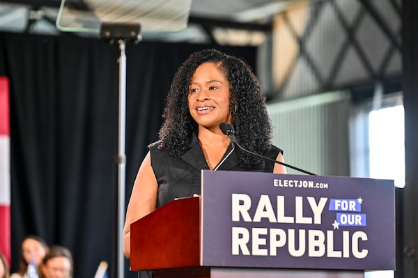 Community organizer Amanda Hollowell speaks during U.S. Sen. Jon Ossoff’s "Rally For Our Republic" event on Saturday, July 12 in Savannah, Ga. (Photo by Sarah Peacock for the AJC)