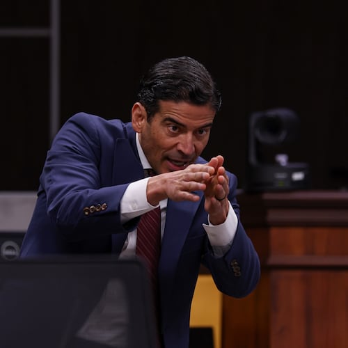 Defense attorney Nico LaHood cross-examines the prosecution's witness Nick Hill, a Texas Ranger lieutenant with the Texas Department of Public Safety, during the 10th day of the trial for former Uvalde school district police officer Adrian Gonzales at Nueces County Courthouse in Corpus Christi, Texas, Tuesday, Jan. 20, 2026. (Sam Owens/The San Antonio Express-News via AP, Pool)
