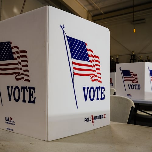FILE - Voting booths are set up at a polling place in Newtown, Pa., Tuesday, April 23, 2024. (AP Photo/Matt Rourke, File)
