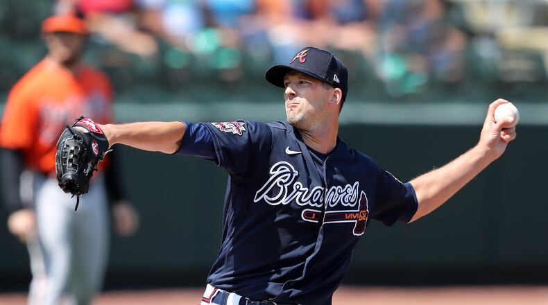 Braves starting pitcher Drew Smyly - a free agent addition this offseason - delivers against the Baltimore Orioles during the first inning Wednesday, March 3, 2021, at CoolToday Park in North Port, Fla. (Curtis Compton / Curtis.Compton@ajc.com)