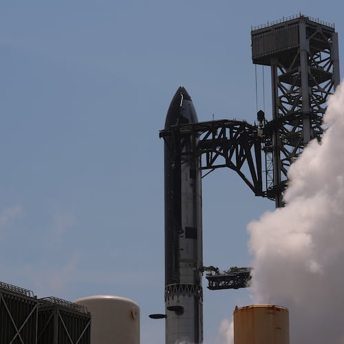 SpaceX's latest version of it's mega rocket Starship is prepared for a test flight from Starbase, Texas, Wednesday, May 20, 2026. (AP Photo/Eric Gay)