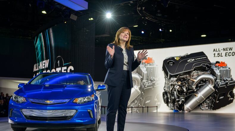 GM CEO Mary Barra introduces the 2016 Chevrolet Volt during its world debut in January 2015 at the North American International Auto Show in Detroit.