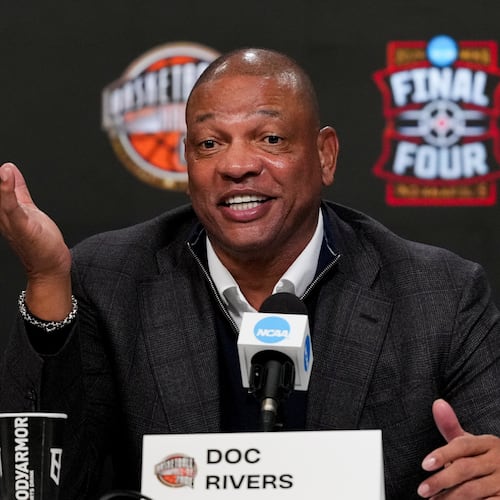 Naismith Hall of Fame Class of 2026 inductee Doc Rivers speaks during a news conference at the Final Four of the NCAA college basketball tournament, Saturday, April 4, 2026, in Indianapolis. (AP Photo/Michael Conroy)
