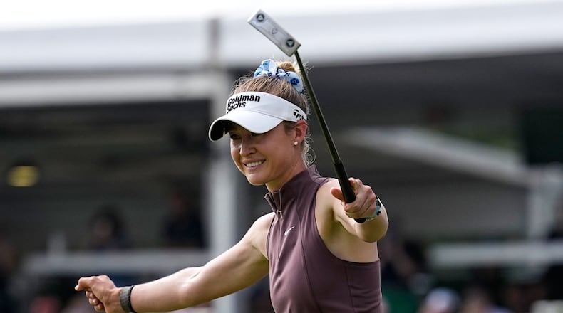 Nelly Korda celebrates after winning the Chevron Championship LPGA golf tournament Sunday, April 26, 2026, in Houston. (AP Photo/David J. Phillip)