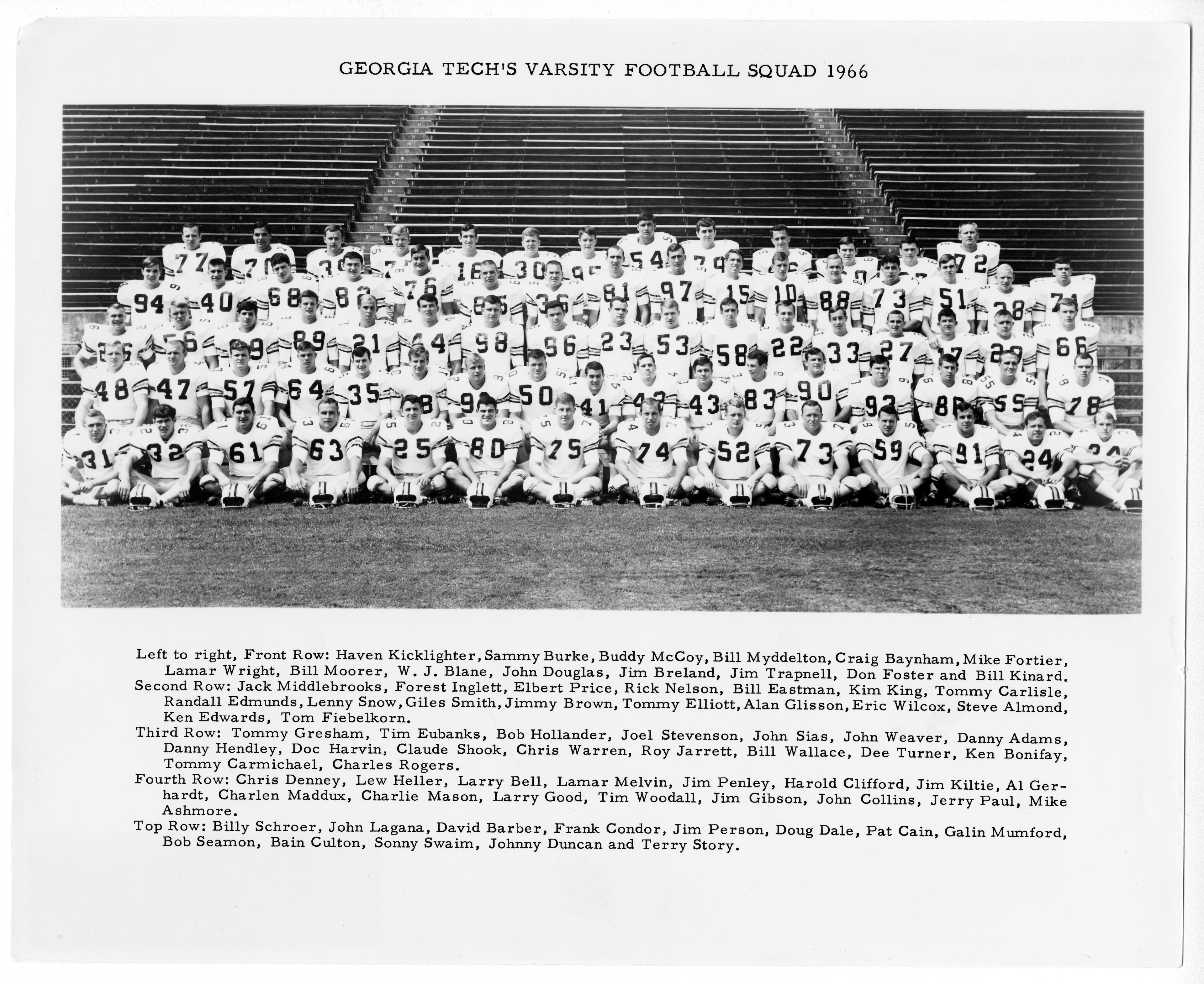 A team photo of the 1966 Georgia Tech football team from the institute archives. The Yellow Jackets went 9-2 and finished ranked eighth in the final AP poll. It proved the final team coached by legendary coach Bobby Dodd before his retirement following this season. (Courtesy Georgia Tech Archives)