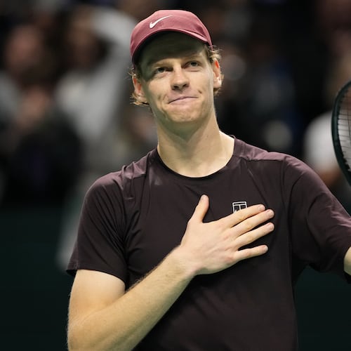 Italy's Jannik Sinner celebrates after winning the final match of the Paris Masters tennis tournament against Canada's Felix Auger-Aliassime in Paris, Sunday, Nov. 2, 2025. (AP Photo/Christophe Ena)