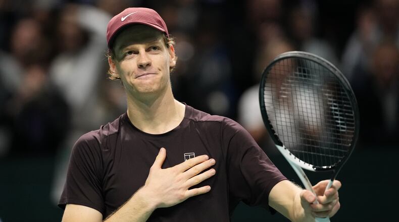 Italy's Jannik Sinner celebrates after winning the final match of the Paris Masters tennis tournament against Canada's Felix Auger-Aliassime in Paris, Sunday, Nov. 2, 2025. (AP Photo/Christophe Ena)