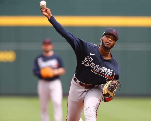 Braves pitcher Darius Vines delivers against the Tampa Bay Rays during the third inning of a spring game at CoolToday Park on Thursday, March 10, 2022, in North Port, Fla. “Curtis Compton / Curtis.Compton@ajc.com”`