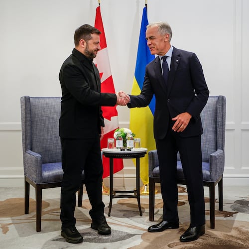 Canadian Prime Minister Mark Carney, right, and Volodymyr Zelenskyy, president of Ukraine, meet in Calgary, Alta., Thursday, Sept. 10, 2026. (Jeff McIntosh/The Canadian Press via AP)