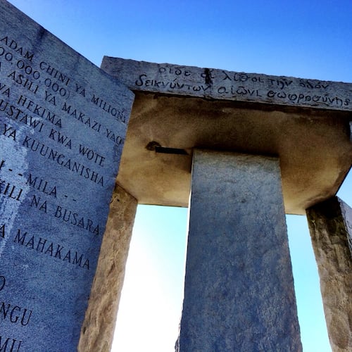 The Georgia Guidestones in 2020, before they were targeted with an explosion. A new AJC podcast is digging into the still-unsolved attack in July 2022. (Courtesy of Lesli Peterson)